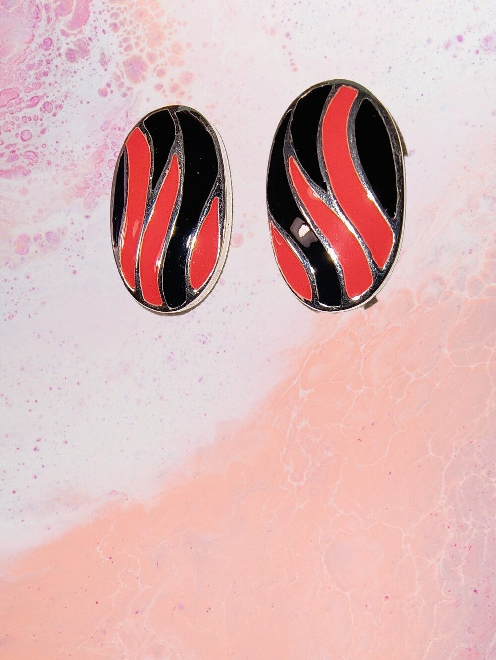 Sterling Silver Enamel Post Earrings in Black And Coral Brand New